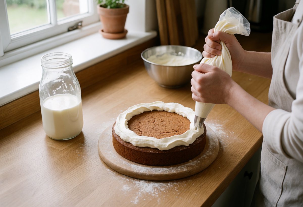 Pipe a ring of whipped cream around the edge of the first sponge. This is the dam, and without it the juice runs out of …