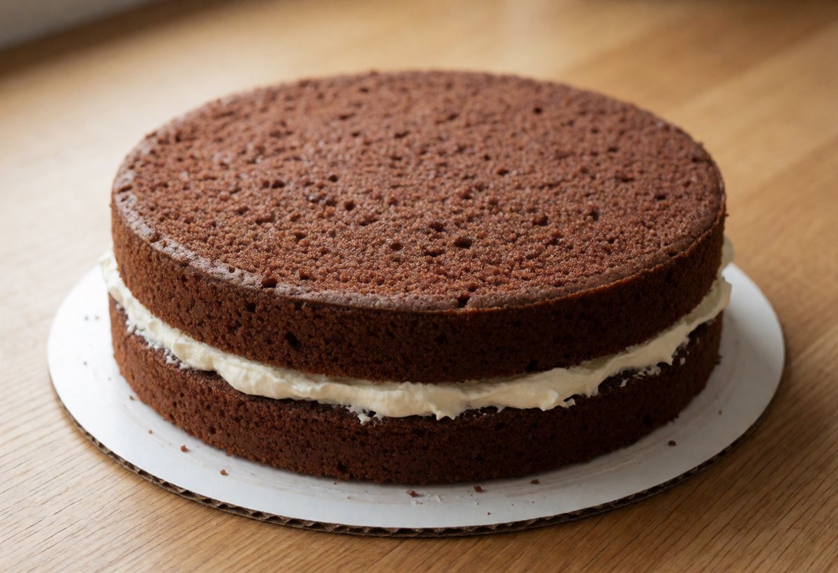Add a layer of cream, then the next sponge. Repeat.