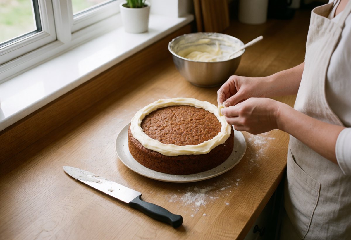 Spritze einen Rand aus Frosting an den Bodenrand, fülle Frosting hinein.