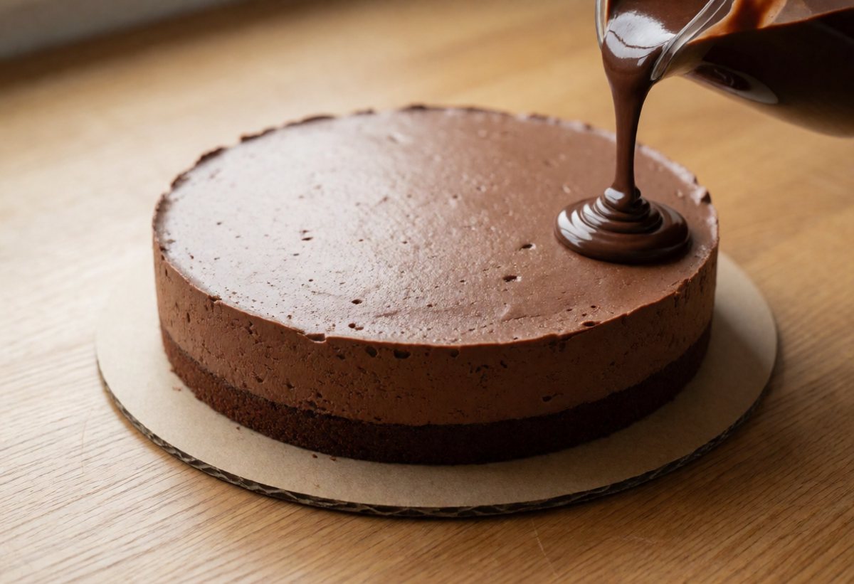 Ganache: panna fresca (almeno 30%) a 80-90 °C, cioccolato, burro freddo. Versala a 34-36 °C sulla torta fredda.