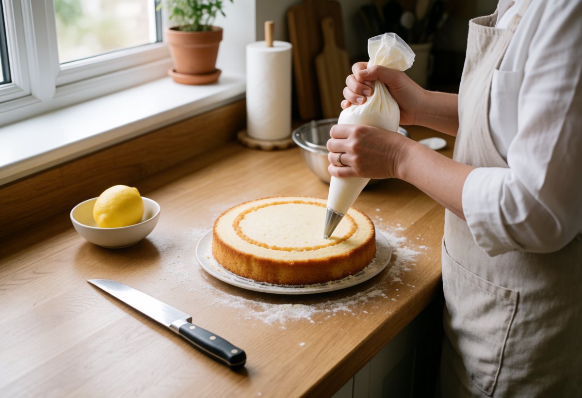 Sponge. Pipe a thin ring of thicker curd around the edge as a dam, or use a ring mould.