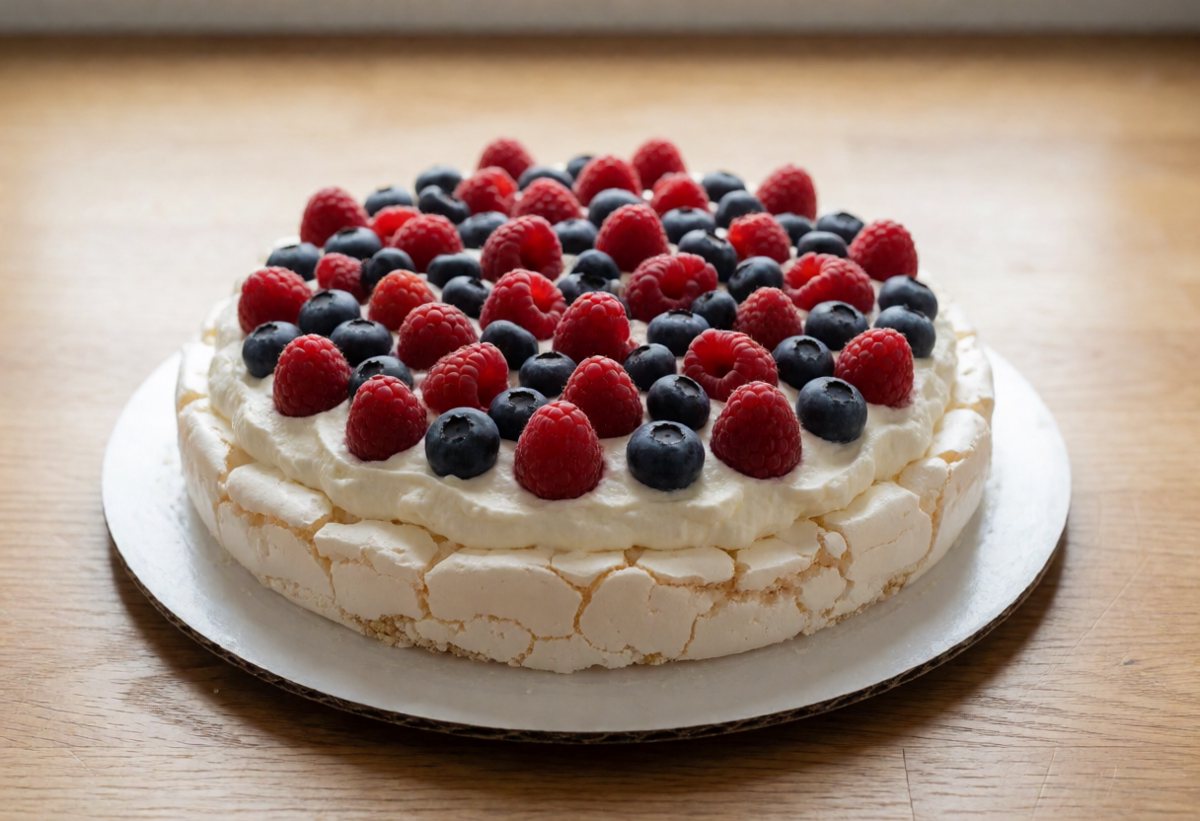 Bottom disc, crust down; a third of the cream, berries.