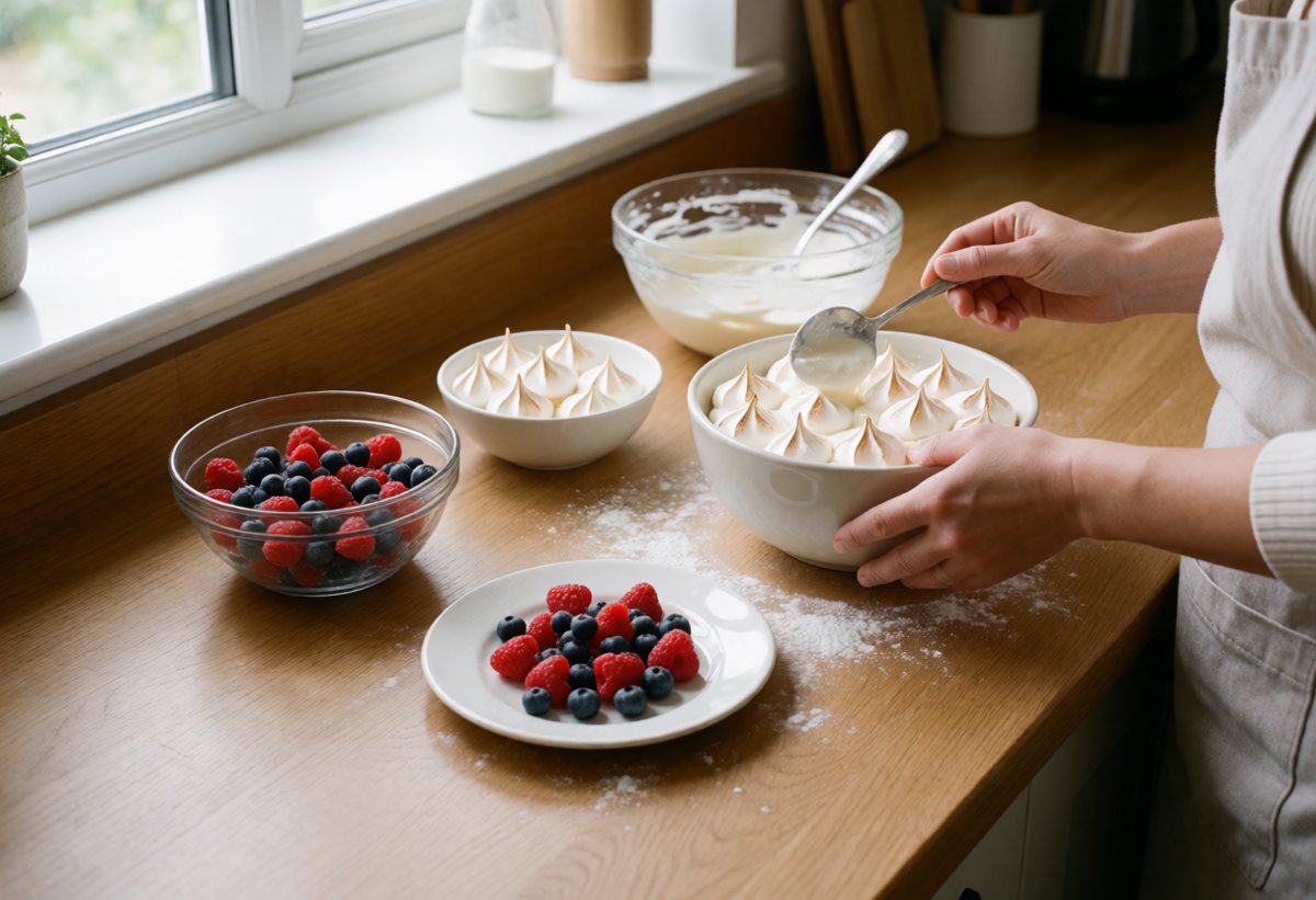 Cream, fresh berries and meringue kisses.
