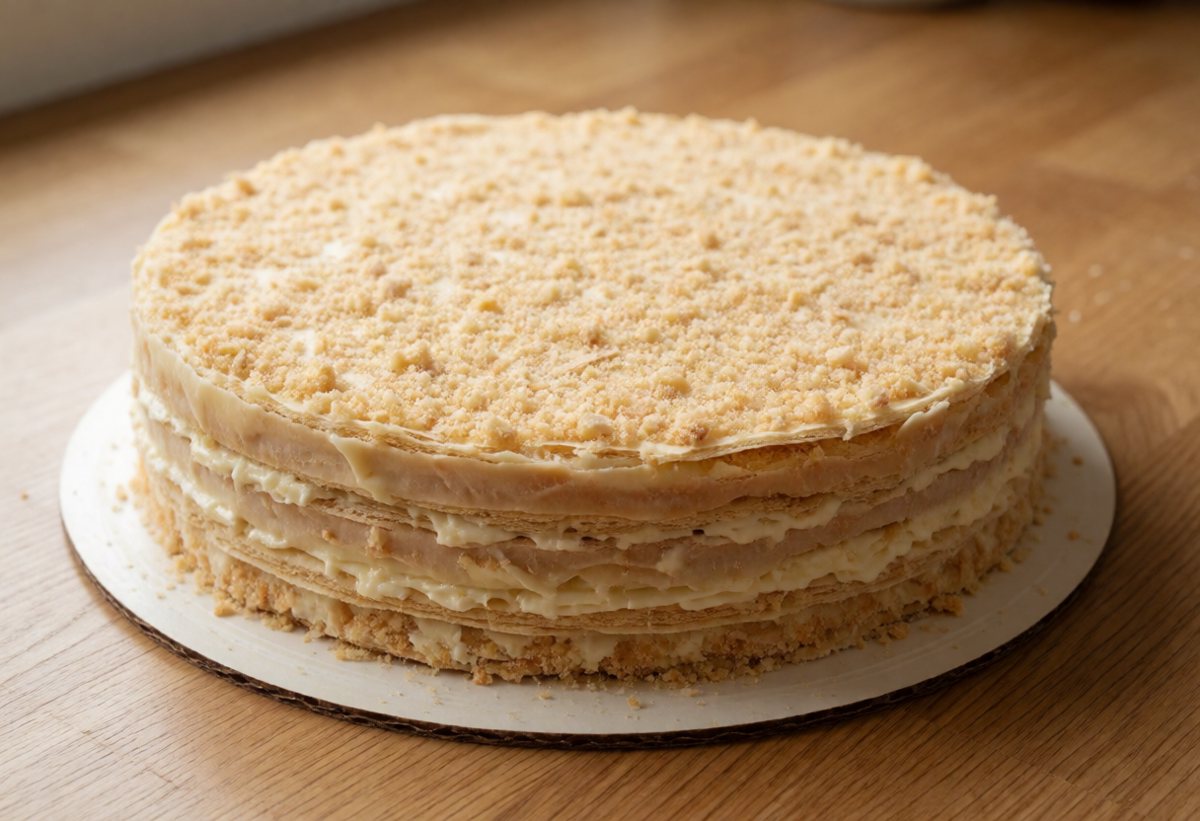 Écrasez la feuille du dessus et appuyez les miettes autour du gâteau.