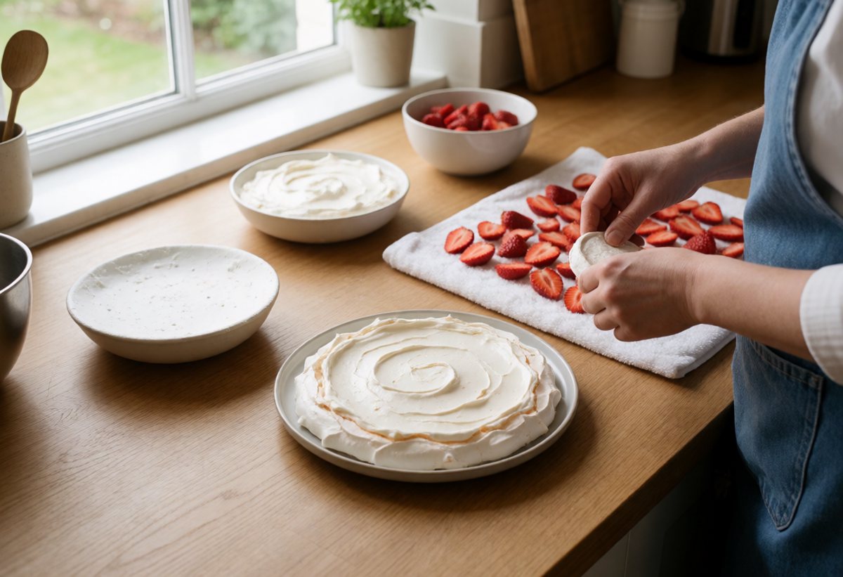 Auf den unteren Boden eine Schicht Sahne, dazu Erdbeeren, auf einem Tuch trocken getupft.