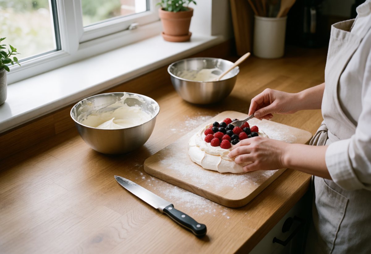 Oberen Boden auflegen, Sahne, Beeren.