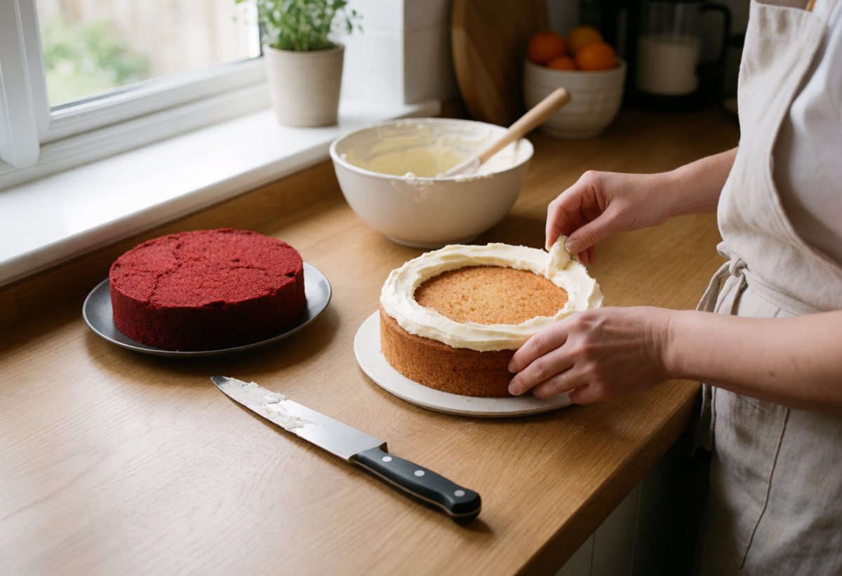 Sponge, a rim of frosting around the edge, frosting inside.