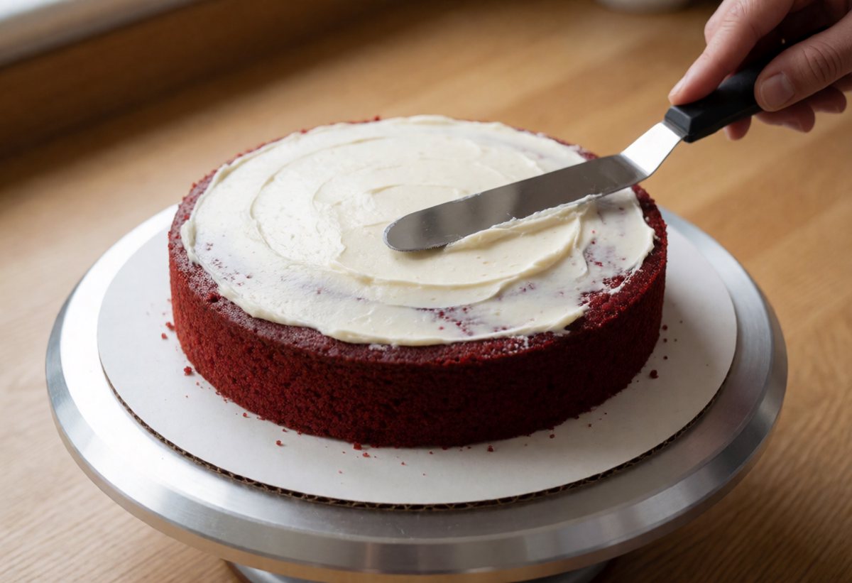 Apply a thin crumb coat, chill 20 minutes, then the final coat.