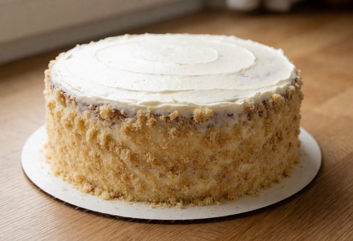 Coat the cake with cream and press on crumbs made from the trimmings.