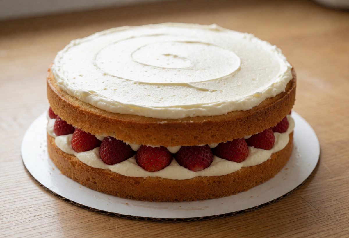 Inside the dam: frosting, then strawberries dried on a towel, then more frosting on top. Inside the dam: frosting, then strawberries dried on a towel, then more frosting on top.
