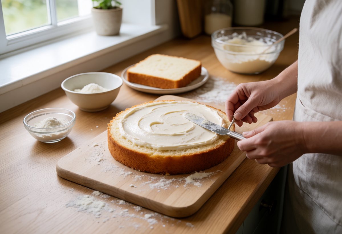 On the bottom sponge spread cream, a little thicker around the edge as a rim.