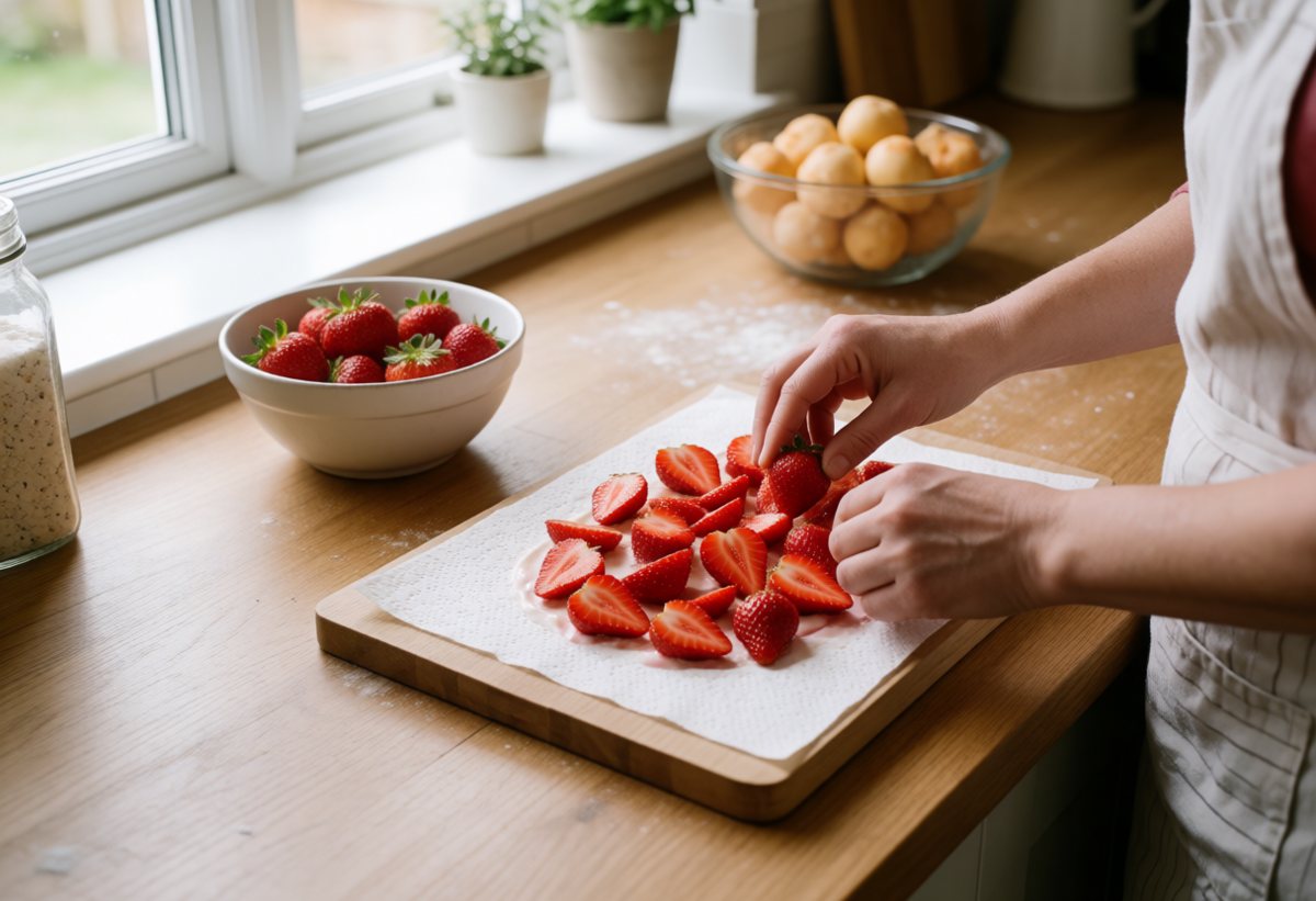 Pat the strawberries dry on paper towel and set them on the cream.