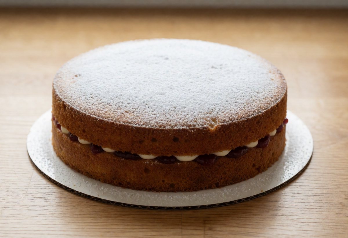 Add the top sponge and dust with icing sugar.