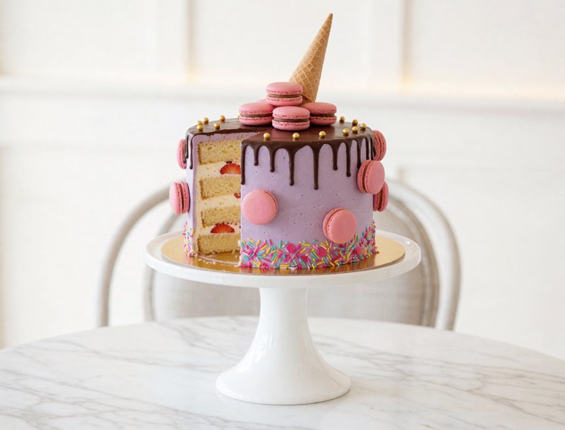 Lavendeltorte mit Macarons und Waffelhörnchen